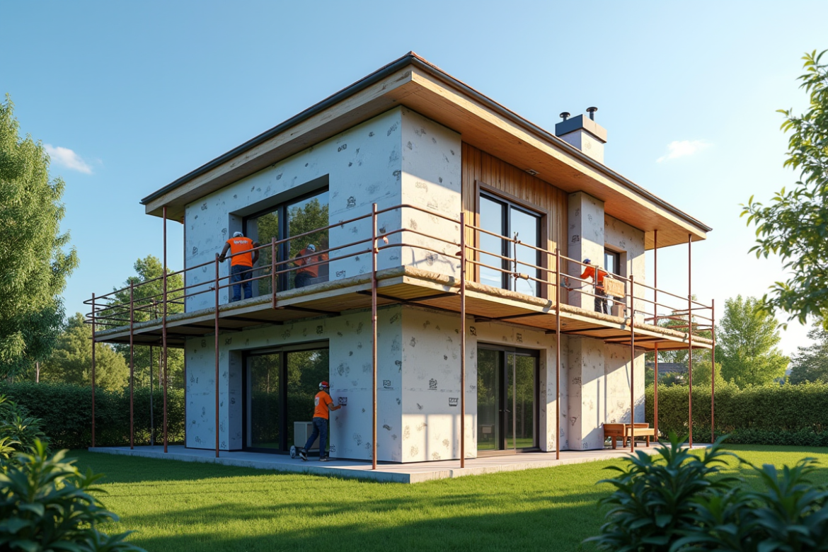Façade moderne d'une maison en rénovation avec ouvriers et isolation