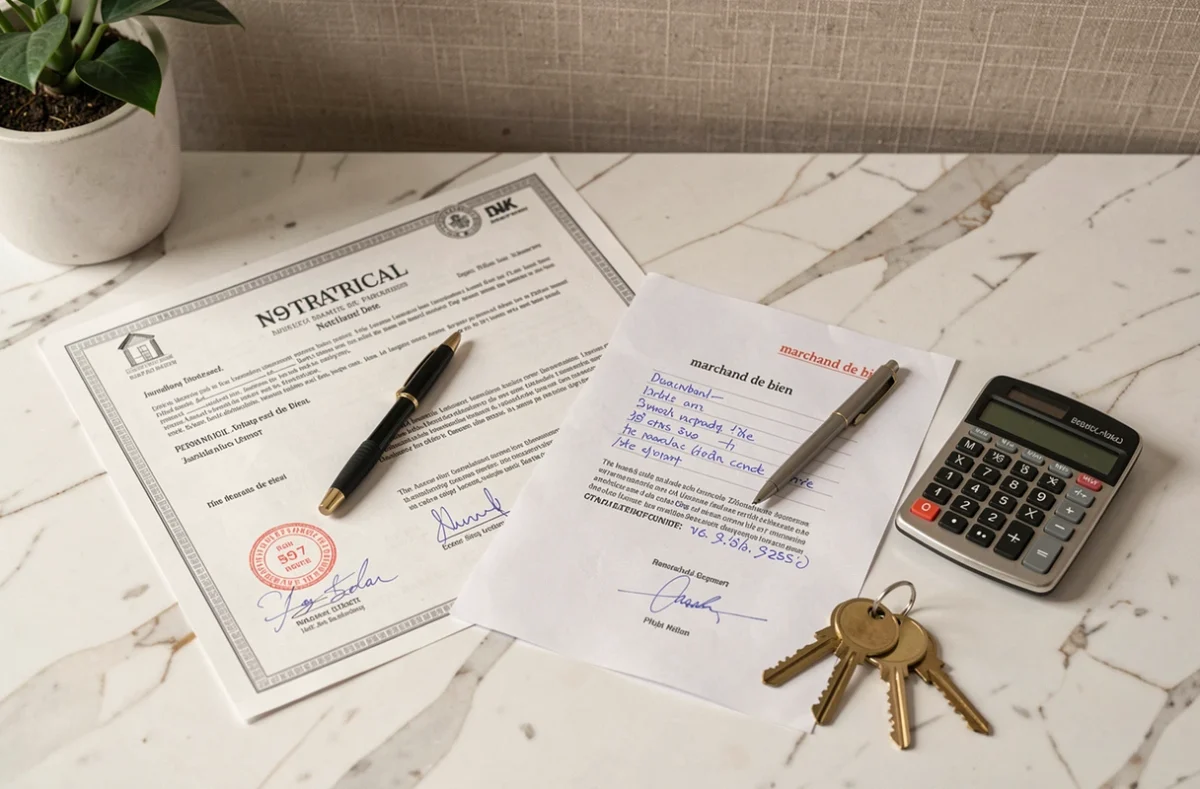 Vue de dessus d'actes notariés, clés de propriété et calculatrice sur un bureau en marbre, symbolisant les frais de notaire marchand de bien