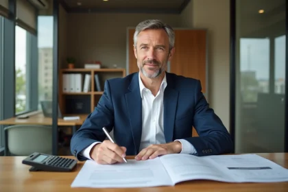 Agent immobilier marchand de bien analysant des documents de calcul de TVA sur la marge dans un bureau professionnel