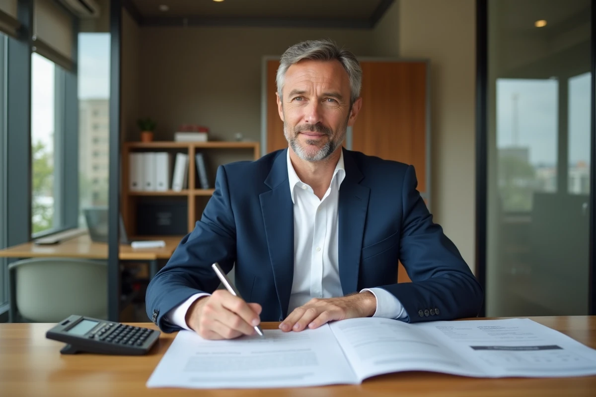 Agent immobilier marchand de bien analysant des documents de calcul de TVA sur la marge dans un bureau professionnel