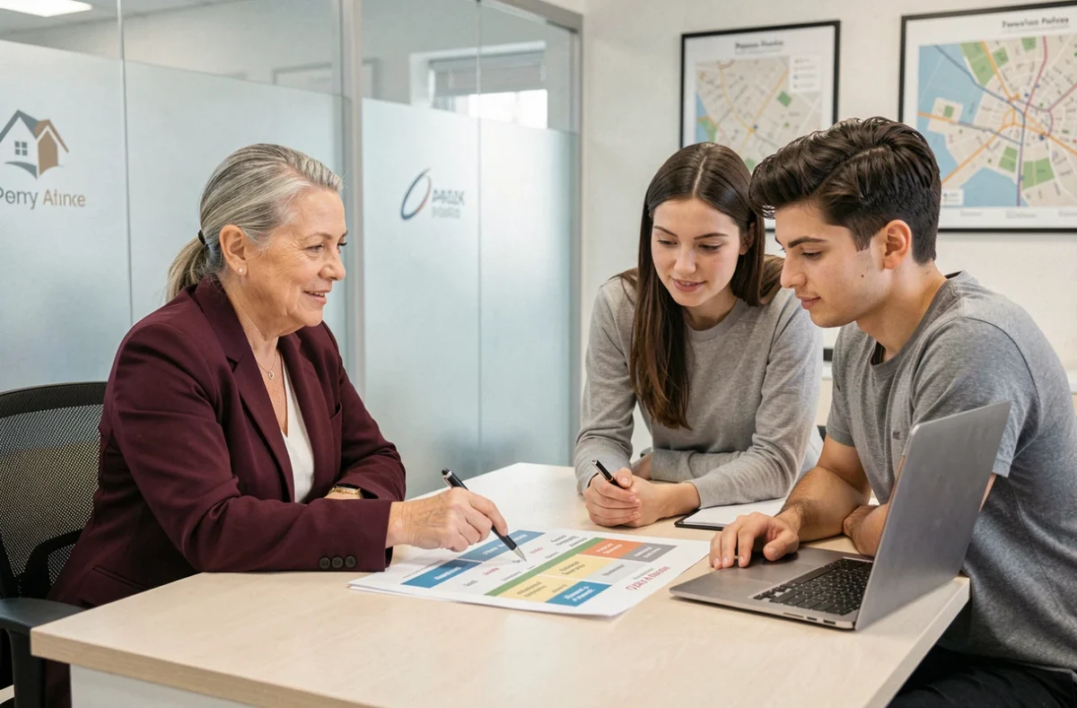 Agent immobilier présentant une comparaison des prix du quartier à un couple dans une agence immobilière