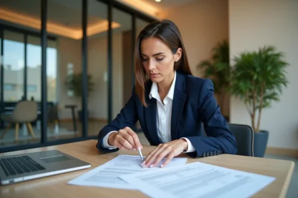 Agent immobilière expliquant un compromis de vente sur bureau avec documents et signature numérique