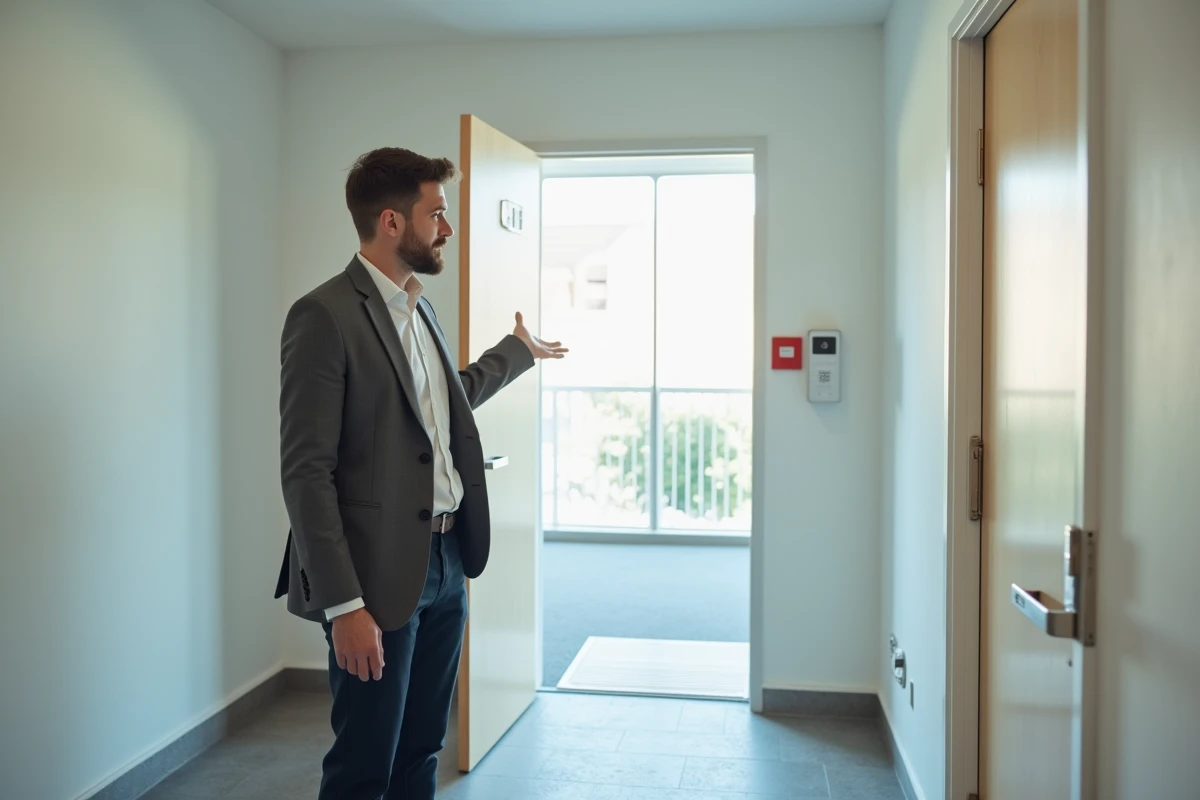 Agent immobilier présentant un logement social accessible PMR avec rampe d'accès et largo couloir adapté