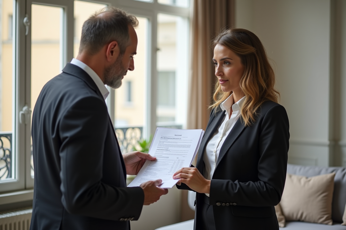 Agent immobilier remettant un contrat de location à un locataire dans un salon lumineux