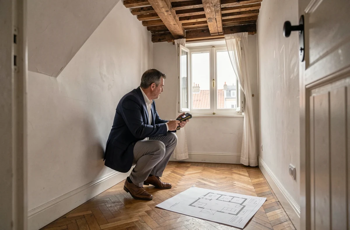 Agent immobilier mesurant une petite chambre mansardée avec un télémètre laser lors d'une estimation loi Carrez