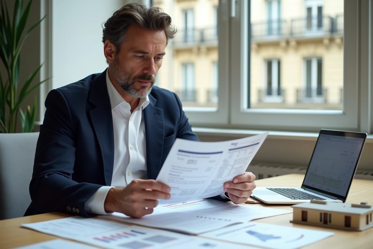 Agent immobilier parisien analysant les prix au m² dans un bureau avec vue sur des immeubles haussmanniens
