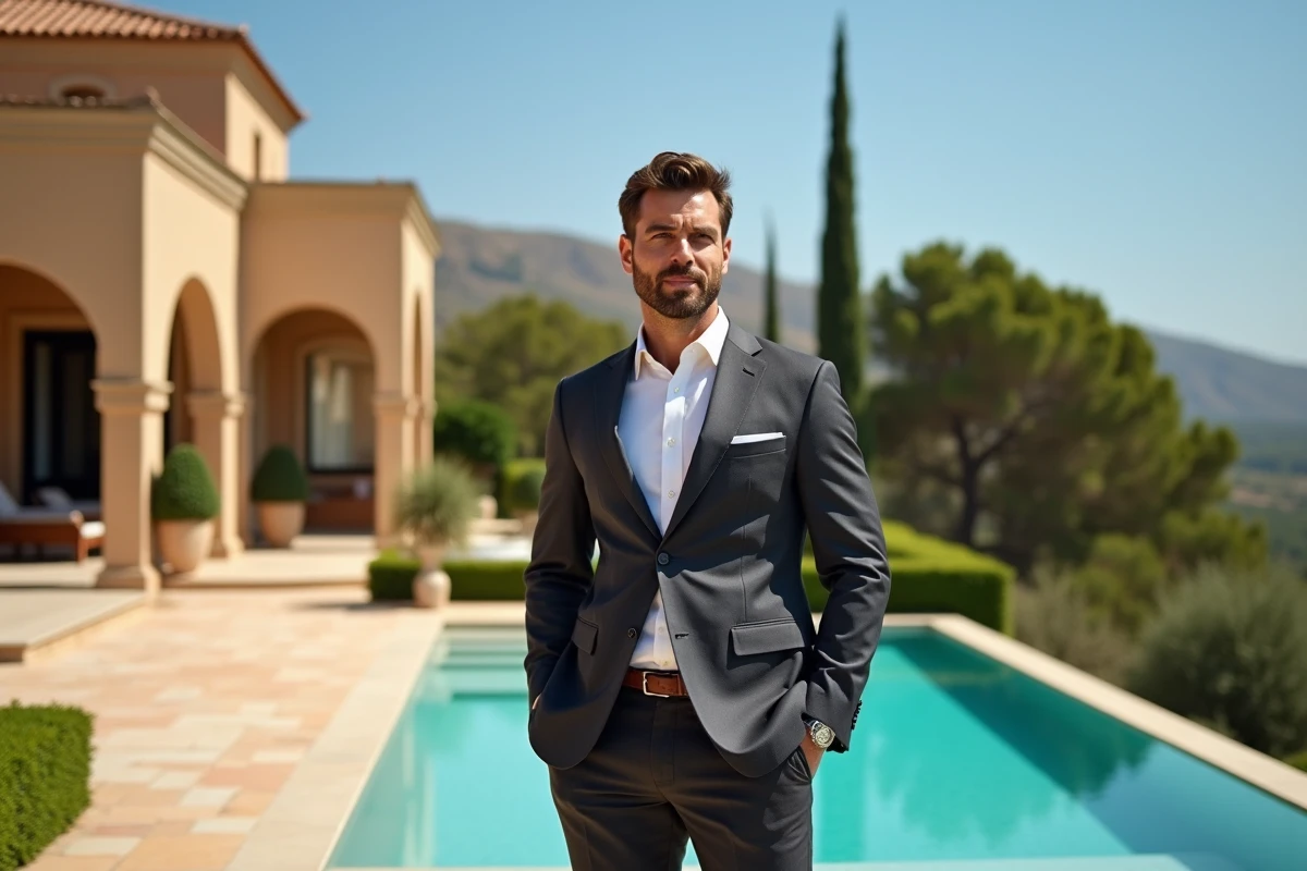 Agent immobilier de prestige présentant une villa de luxe avec piscine à débordement et architecture méditerranéenne