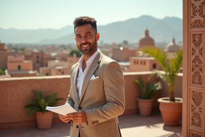 Agent immobilier marocain sur une terrasse de riad à Marrakech avec vue sur la médina et les toits en terre cuite
