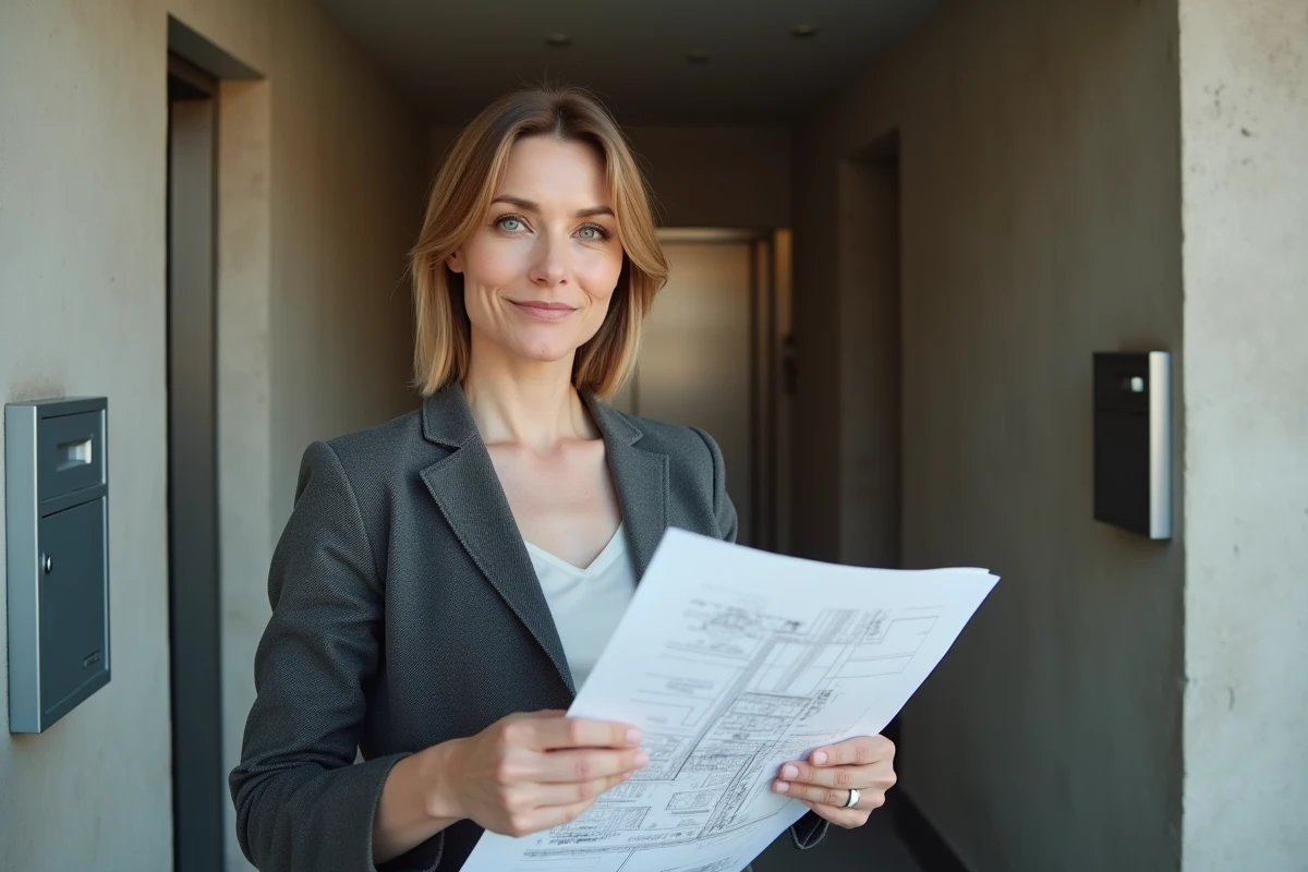 Agent immobilier présentant un studio vide dans un immeuble résidentiel en région parisienne, avec plan de surface en main