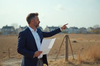 Agent immobilier tenant un document d'évaluation foncière sur un terrain constructible en zone périurbaine