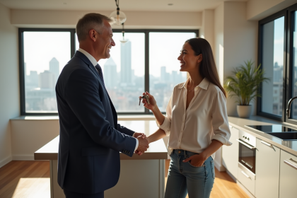 Agent immobilier en costume serrant la main d'un couple souriant