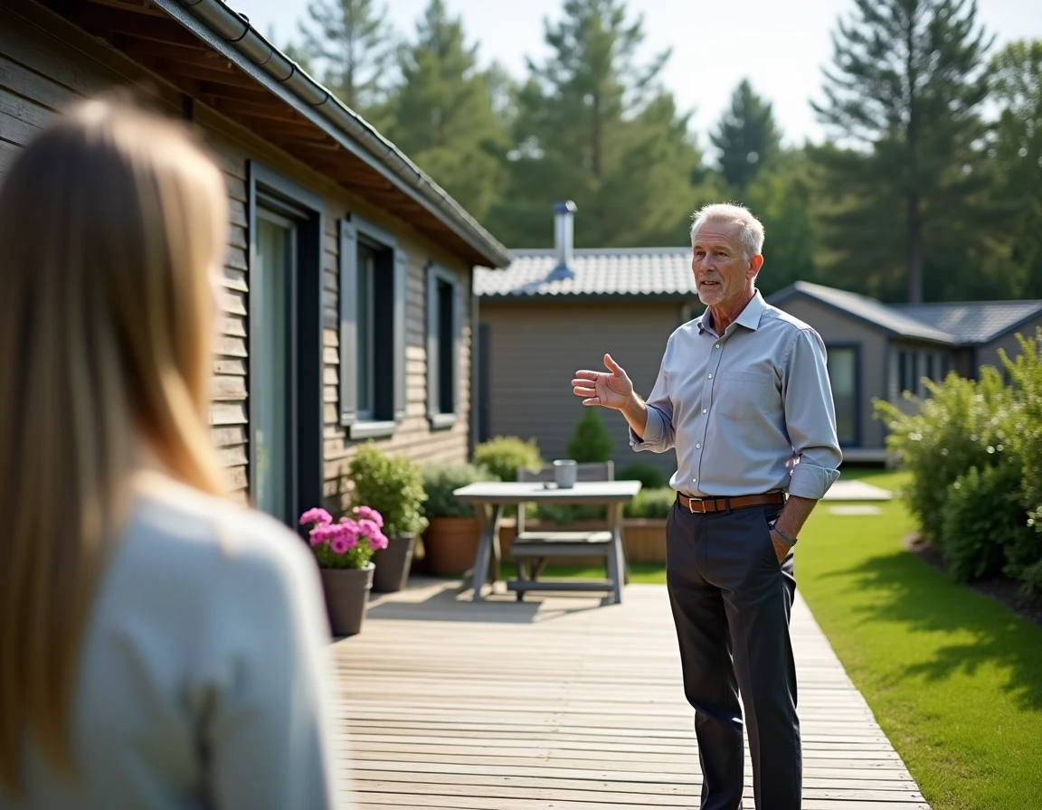 Agent immobilier présentant un chalet à vendre dans un parc résidentiel de loisirs à un couple d'acheteurs sur la terrasse en bois