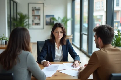 Agent immobilier Orpi Invest Immo accompagnant un couple dans la révision de leur dossier immobilier dans une agence moderne