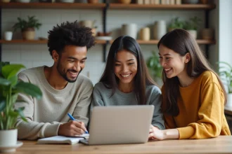 Trois jeunes adultes souriants dans une cuisine moderne