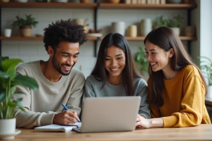 Trois jeunes adultes souriants dans une cuisine moderne
