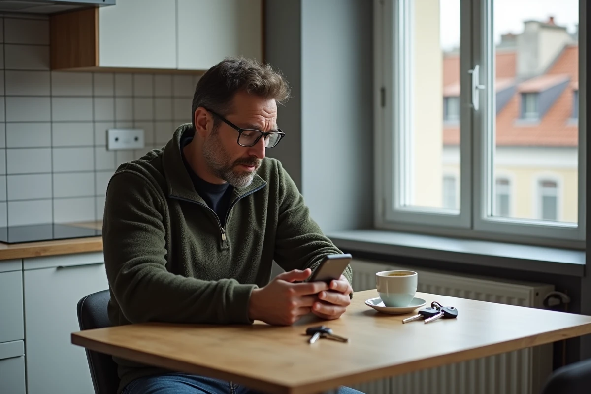 Homme consultant des annonces de location sur Le Bon Coin 59 depuis sa cuisine après une visite