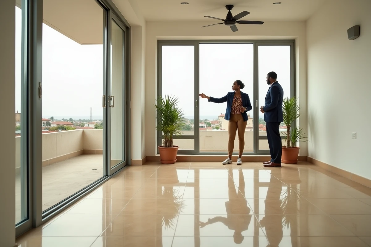 Agente immobilière présentant un appartement à vendre à Dakar pour un investissement locatif rentable