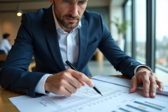 Architecte en costume bleu analysant des graphiques de construction