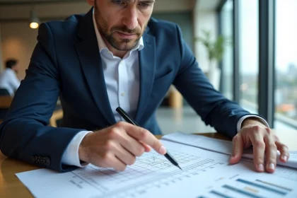 Architecte en costume bleu analysant des graphiques de construction