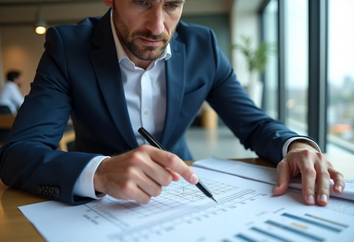 Architecte en costume bleu analysant des graphiques de construction