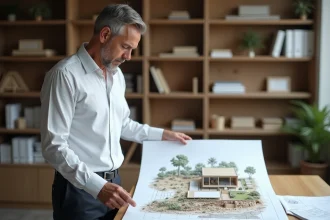 Architecte examinant un plan de maison dans un bureau moderne