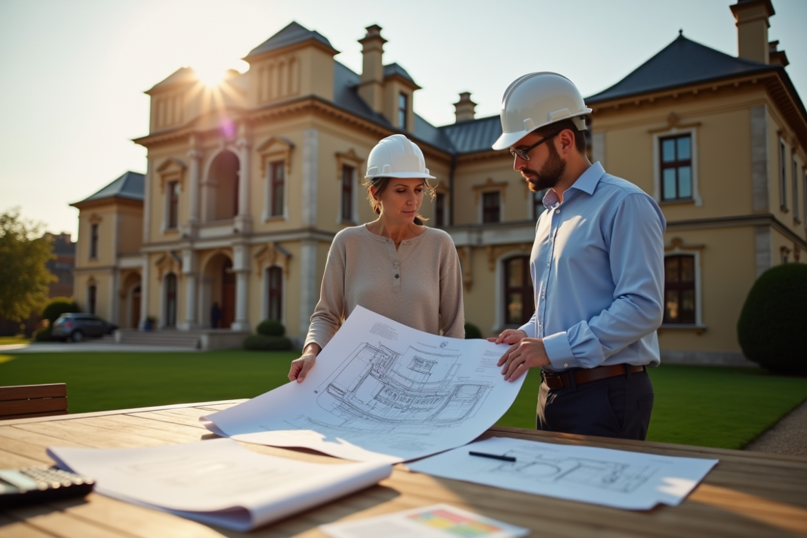 Architecte et propriétaire examinant plans de rénovation devant un bâtiment historique