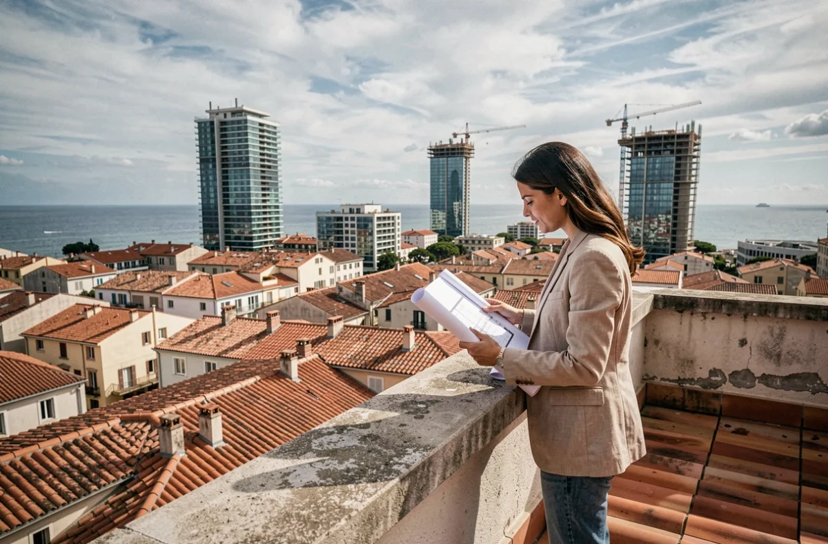 Architecte sur un toit avec vue panoramique sur les quartiers marseillais en transformation urbaine