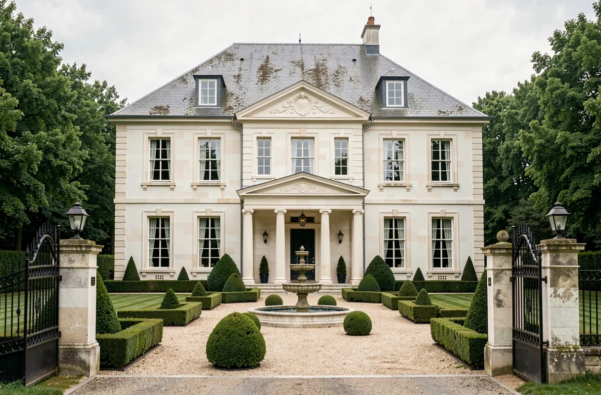 Maison de prestige avec portique à colonnes et jardin formel réalisée par Belles Demeures dans les Yvelines
