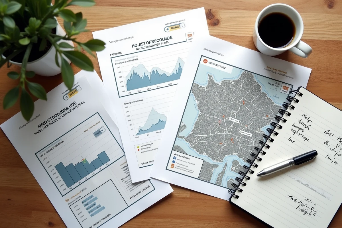 Vue aérienne d'un bureau avec documents d'analyse des prix immobiliers à Paris et graphiques d'évolution du marché
