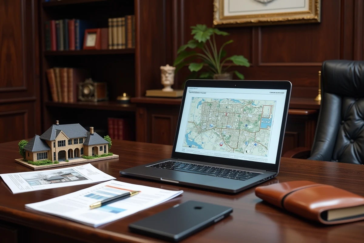 Bureau d'expert immobilier de luxe avec rapport d'estimation numérique, brochures de propriétés et maquette architecturale sur un bureau en noyer