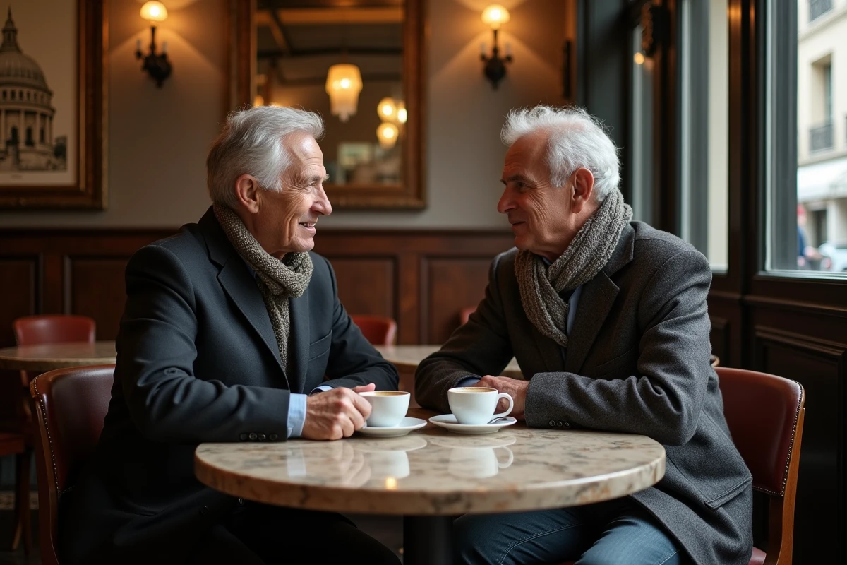 Deux professionnels parisiens dans un café bourgeois discret, reflet de la richesse tranquille des arrondissements aisés