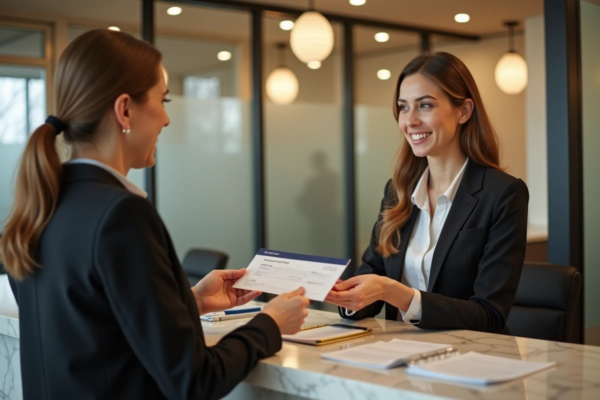 Caissière remettant un chèque à une cliente âgée dans une banque