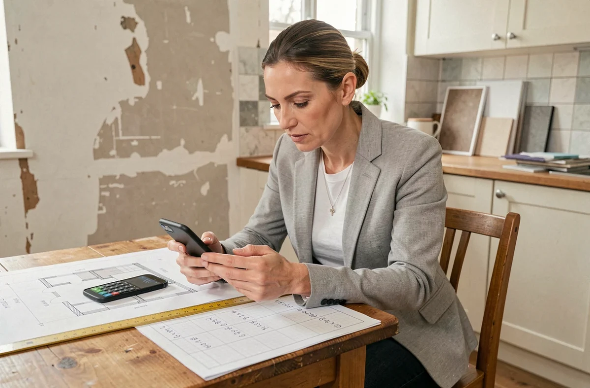 Femme calculant des métrés en m2 sur papier quadrillé avec un plan de rénovation et une application calculatrice sur smartphone