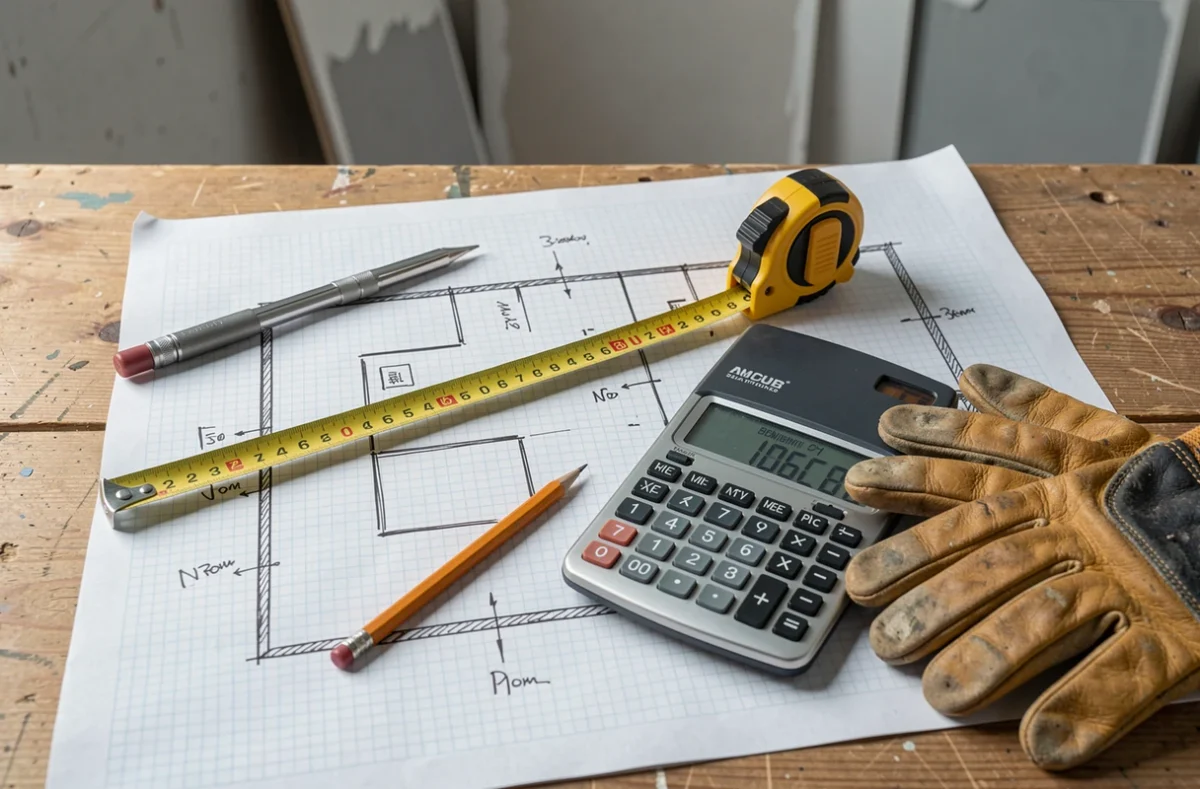 Plan de mur dessiné à la main avec mètre ruban et calculatrice affichant une superficie en m² sur une table de chantier