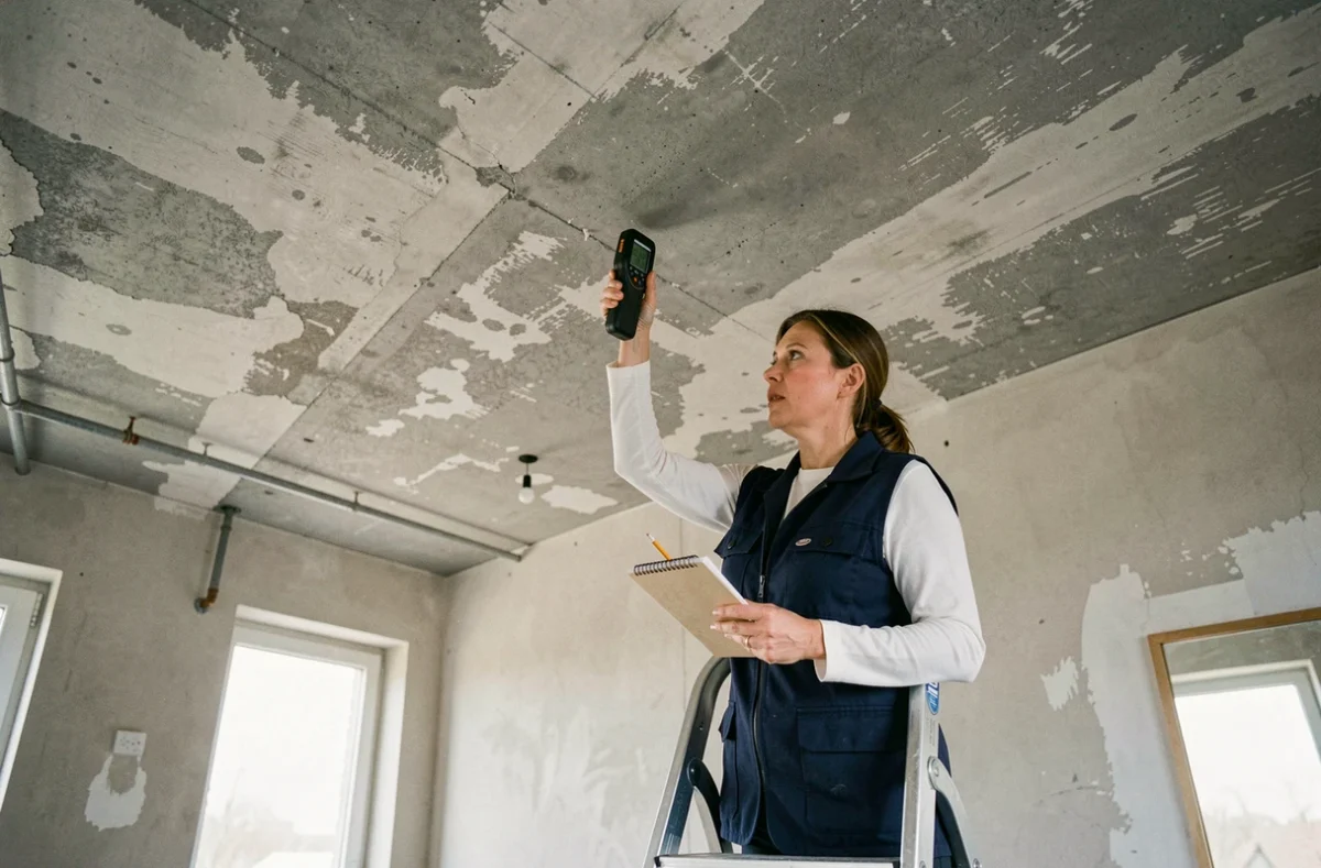 Femme mesurant la superficie d'un plafond avec un télémètre laser dans une pièce en travaux