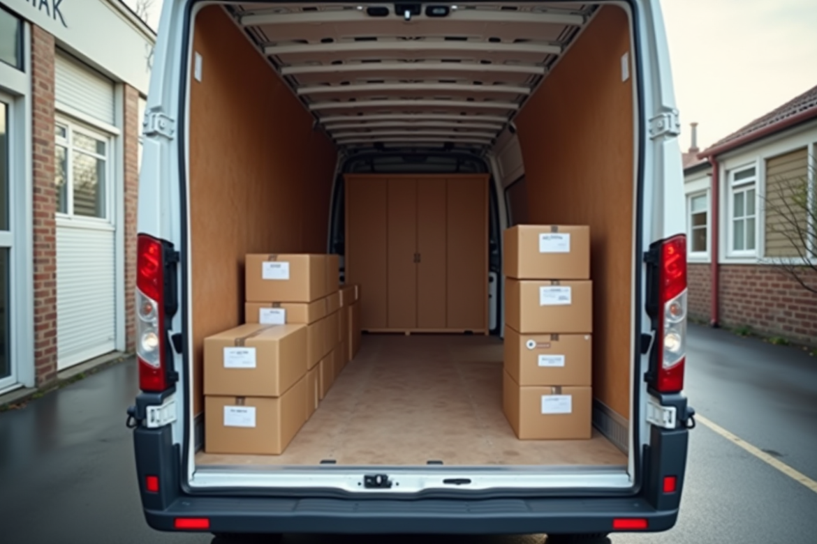 Camion de déménagement ouvert avec boîtes et meubles organisés