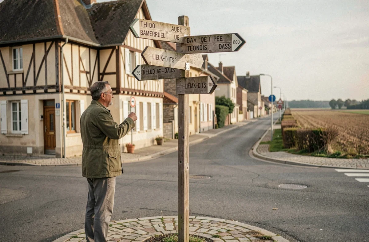 Carrefour de village avec panneaux directionnels dans la commune d'Aix-Villemaur-Pâlis dans l'Aube