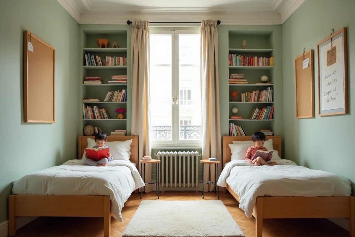 Chambre partagée pour deux enfants dans un appartement haussmannien, illustrant les solutions d'aménagement pour optimiser l'espace en famille à Paris