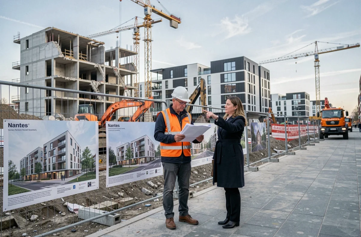 Chantier de rénovation urbaine à Nantes avec promoteurs et grues de construction