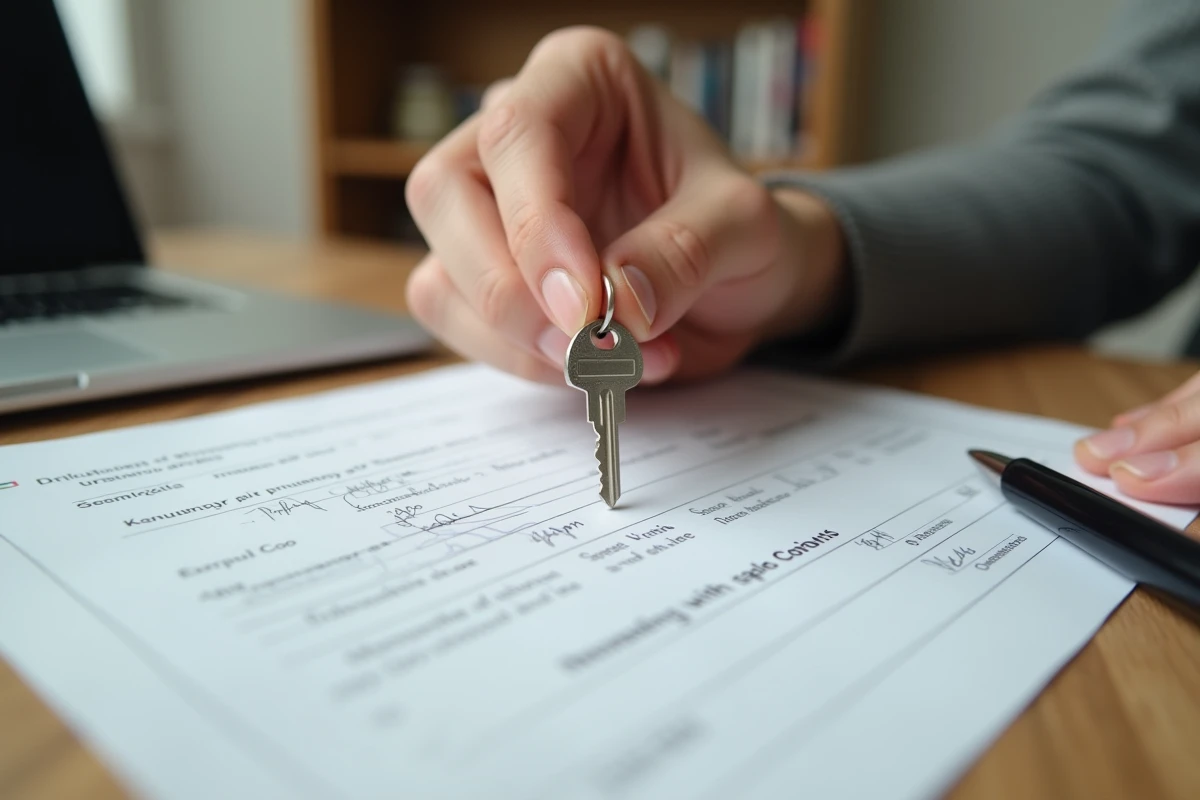 Clé de maison posée sur une attestation sur l'honneur signée avec un stylo sur un bureau en bois
