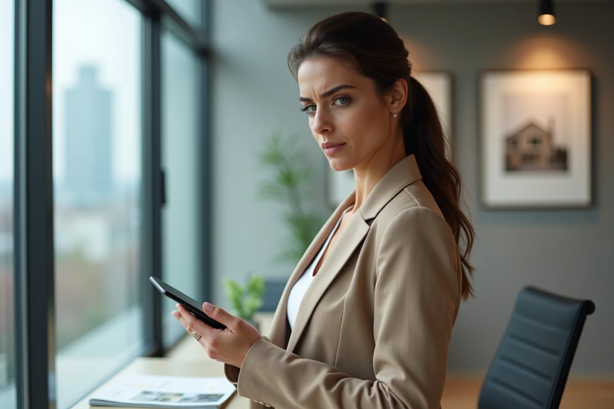 Une cliente consultant les avis en ligne sur Orpi Invest Immo depuis son smartphone dans une agence immobilière