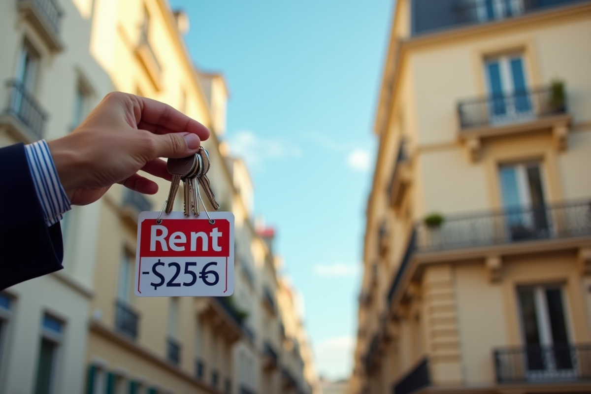 Main tenant tenant des clés d appartement avec panneau de location à Paris
