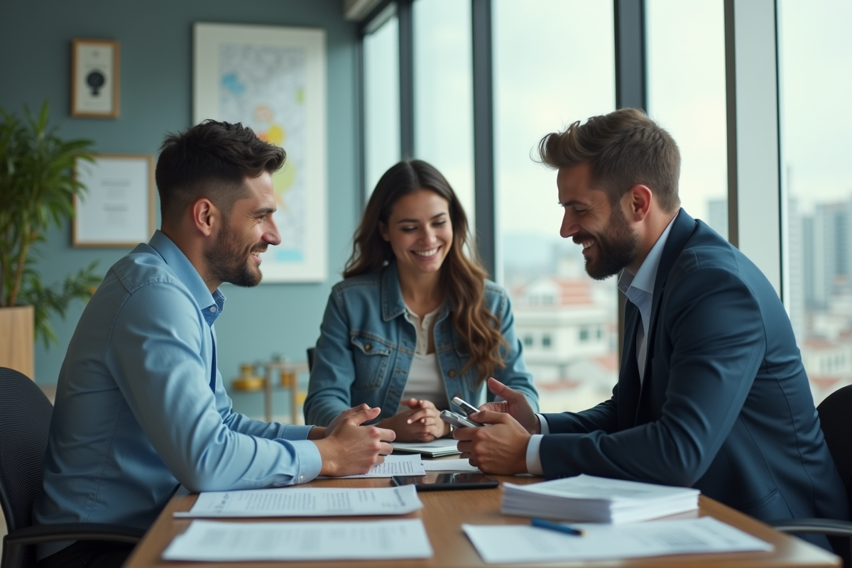 Un conseiller en assurance avec un couple dans un bureau moderne
