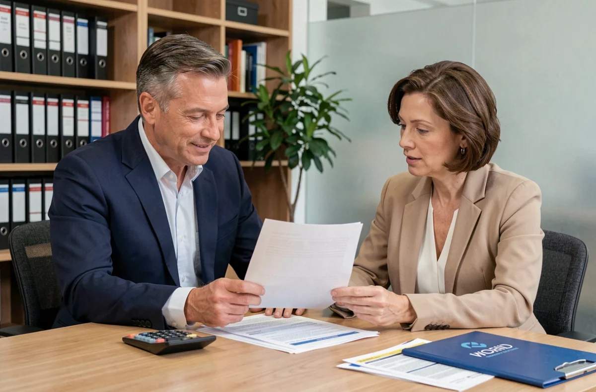 Conseiller fiscal expliquant l'impact fiscal de la revente d'une multipropriété à une cliente dans un bureau professionnel