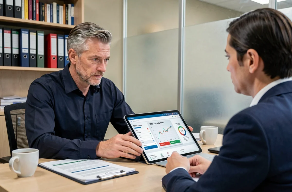 Homme en rendez-vous avec un conseiller immobilier pour analyser un simulateur de surloyer sur tablette