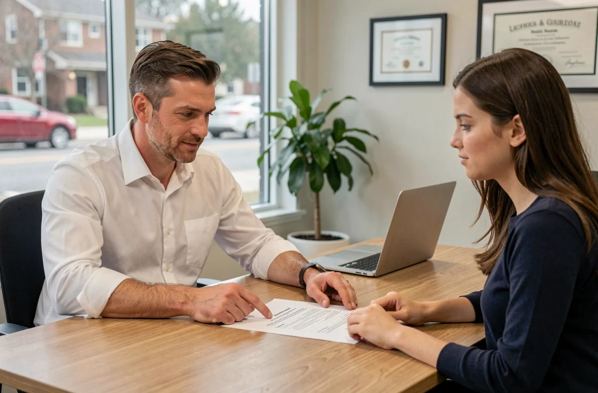 Conseiller financier présentant des options de prêt immobilier à un jeune couple dans un bureau professionnel