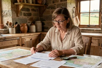 Femme consultant des documents cadastraux et plans de propriété dans une cuisine de maison rurale en pierre