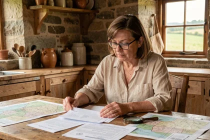 Femme consultant des documents cadastraux et plans de propriété dans une cuisine de maison rurale en pierre