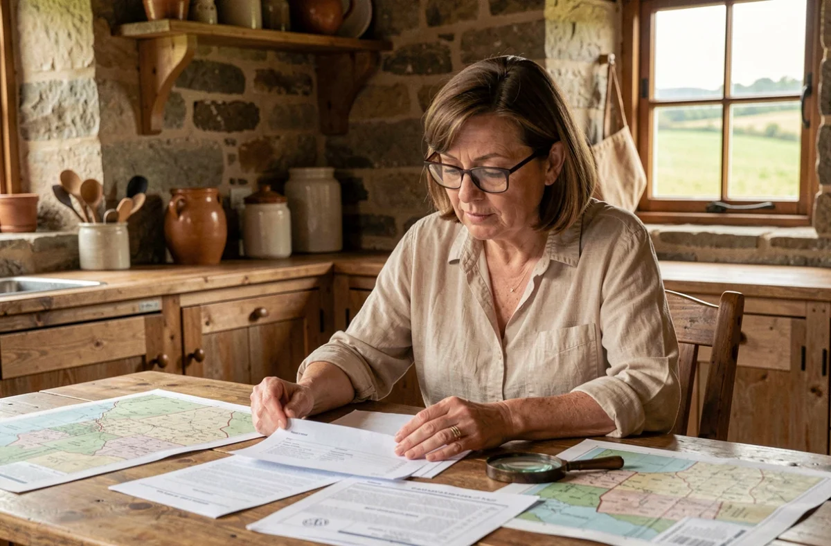 Femme consultant des documents cadastraux et plans de propriété dans une cuisine de maison rurale en pierre