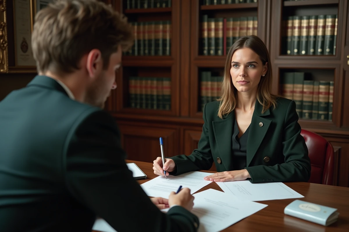 Femme entrepreneur discutant des statuts d'une SCI avec un conseiller juridique dans un bureau notarial